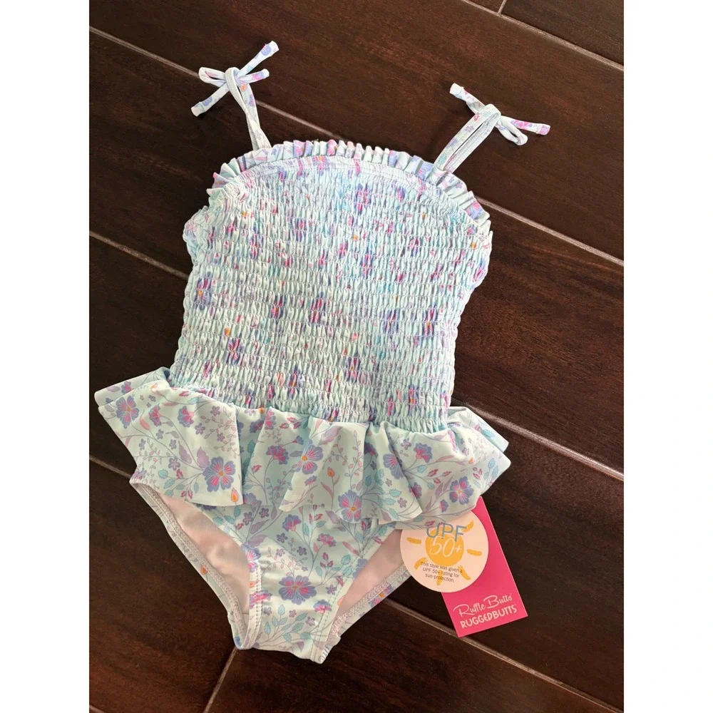 RuffleButts Girls Blue Floral Smocked One Piece Swimsuit UPF 50+ Size 3T NWT